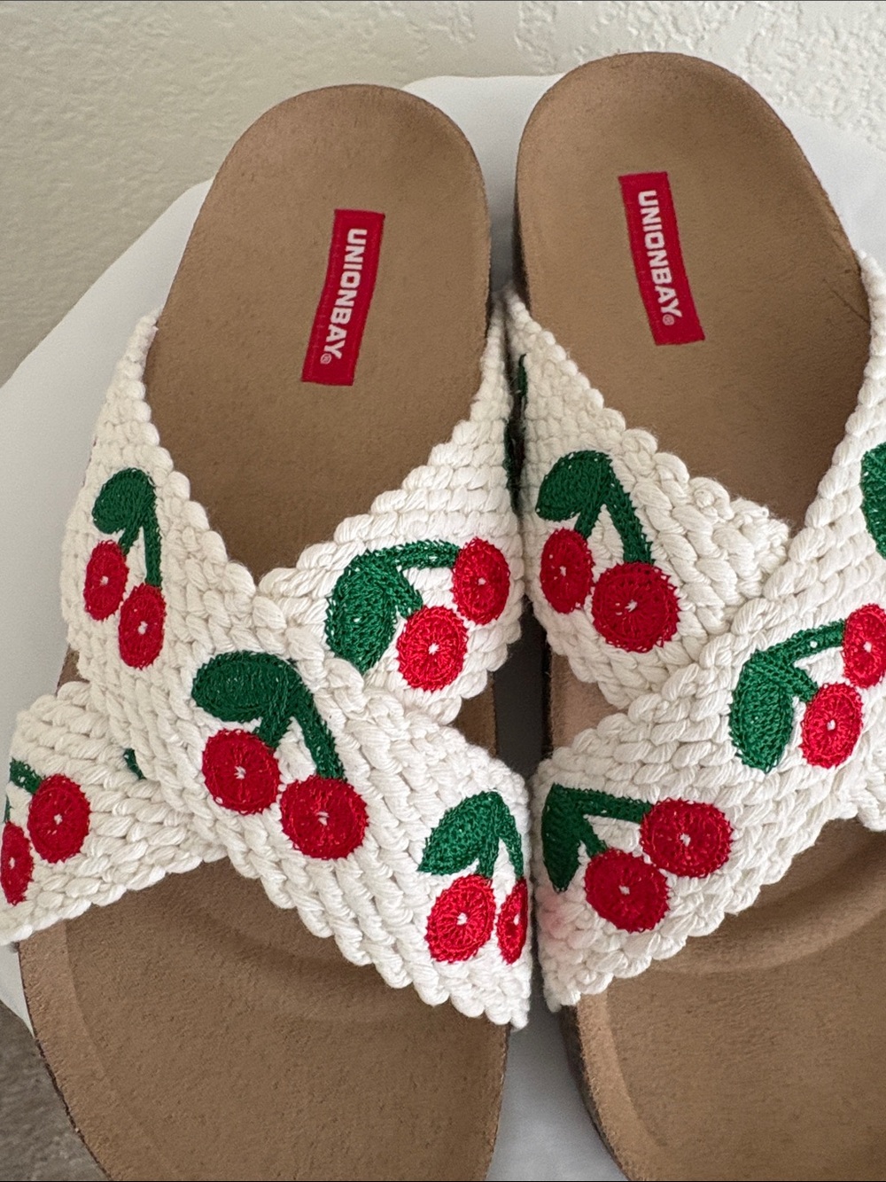 UNIONBAY Cream Woven Slide Sandals with Red Cherry Embroidery - Picture 2 of 4